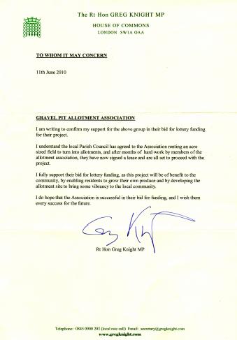 Letter from The Rt Hon Greg Knight MP shows support